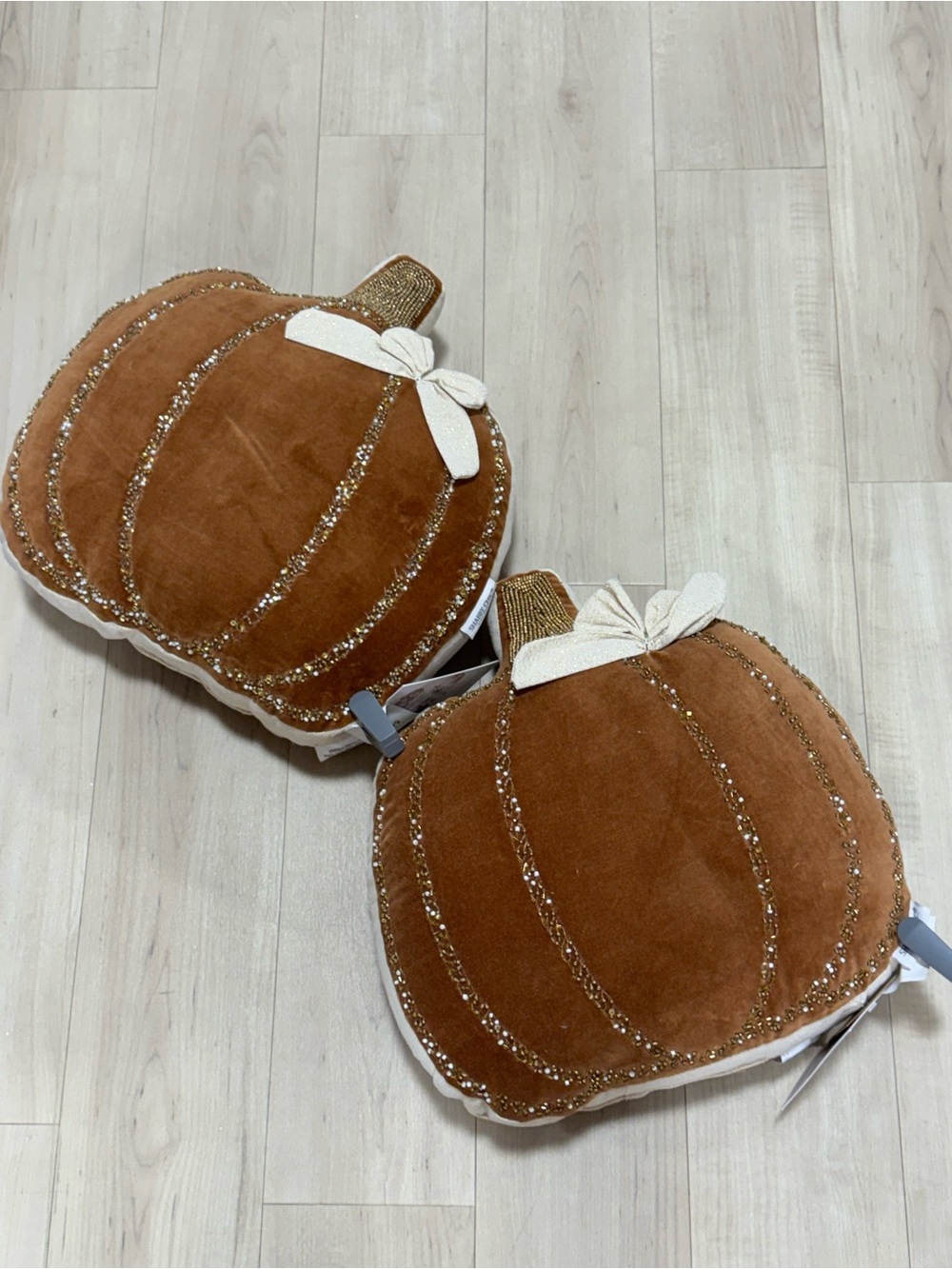 Shabby Chic Velvet Pumpkin Accent 2 Pillows  in Rust and Cream
